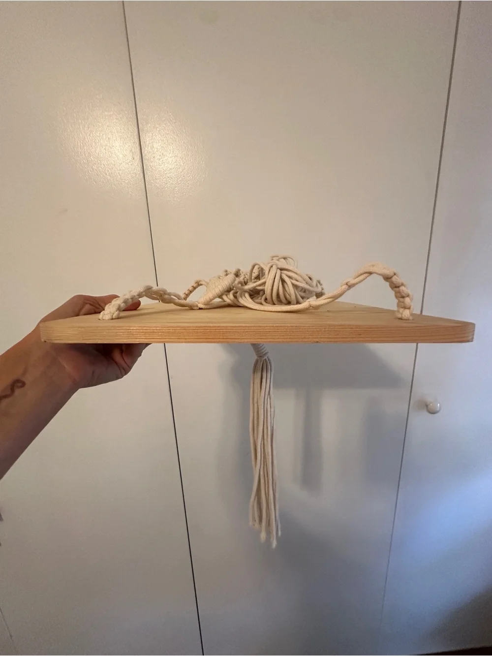 Wooden Hanging Swing Seat with Cream Rope